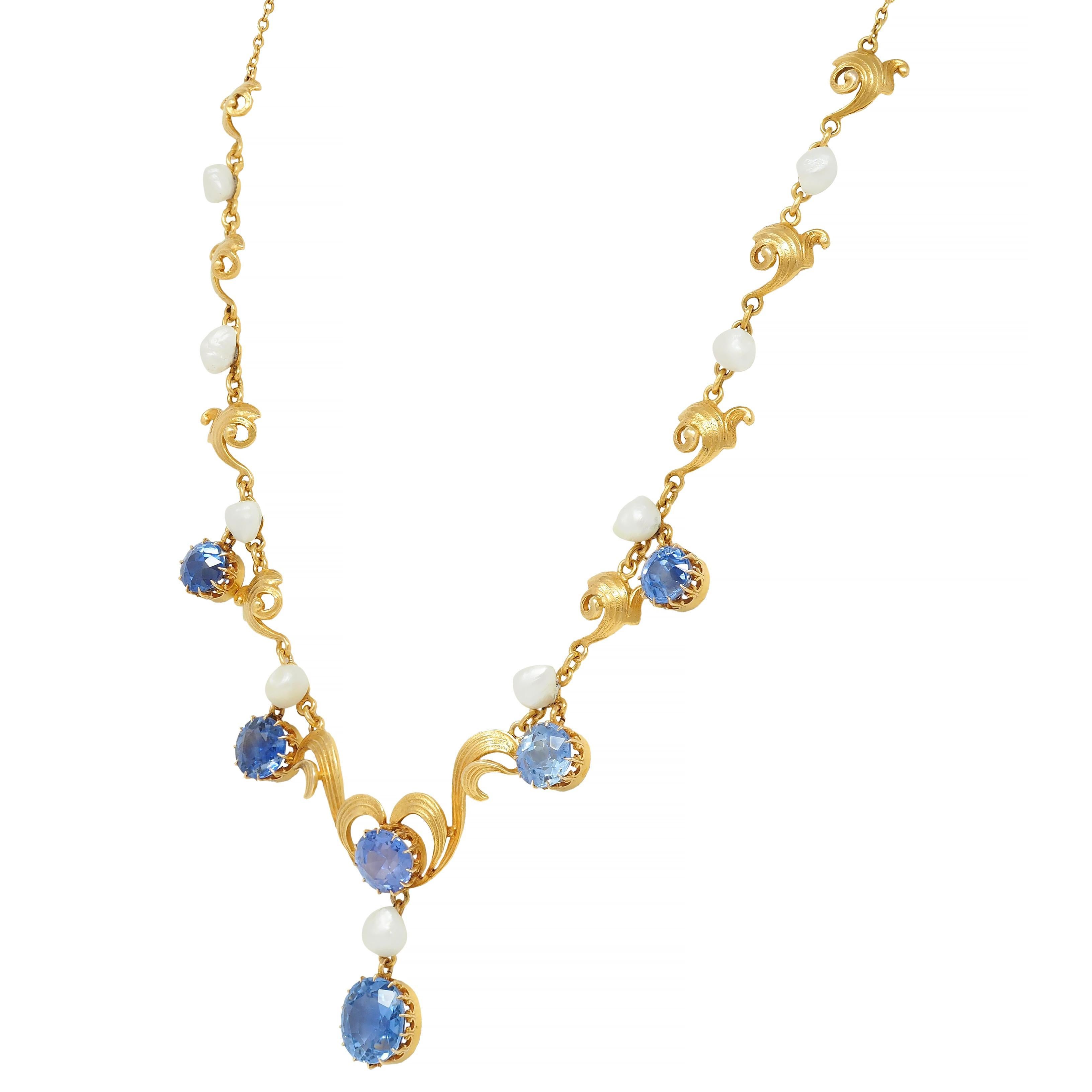 Art Nouveau No Heat Ceylon Sapphire Pearl 14 Karat Gold Antique Heart Necklace For Sale 1