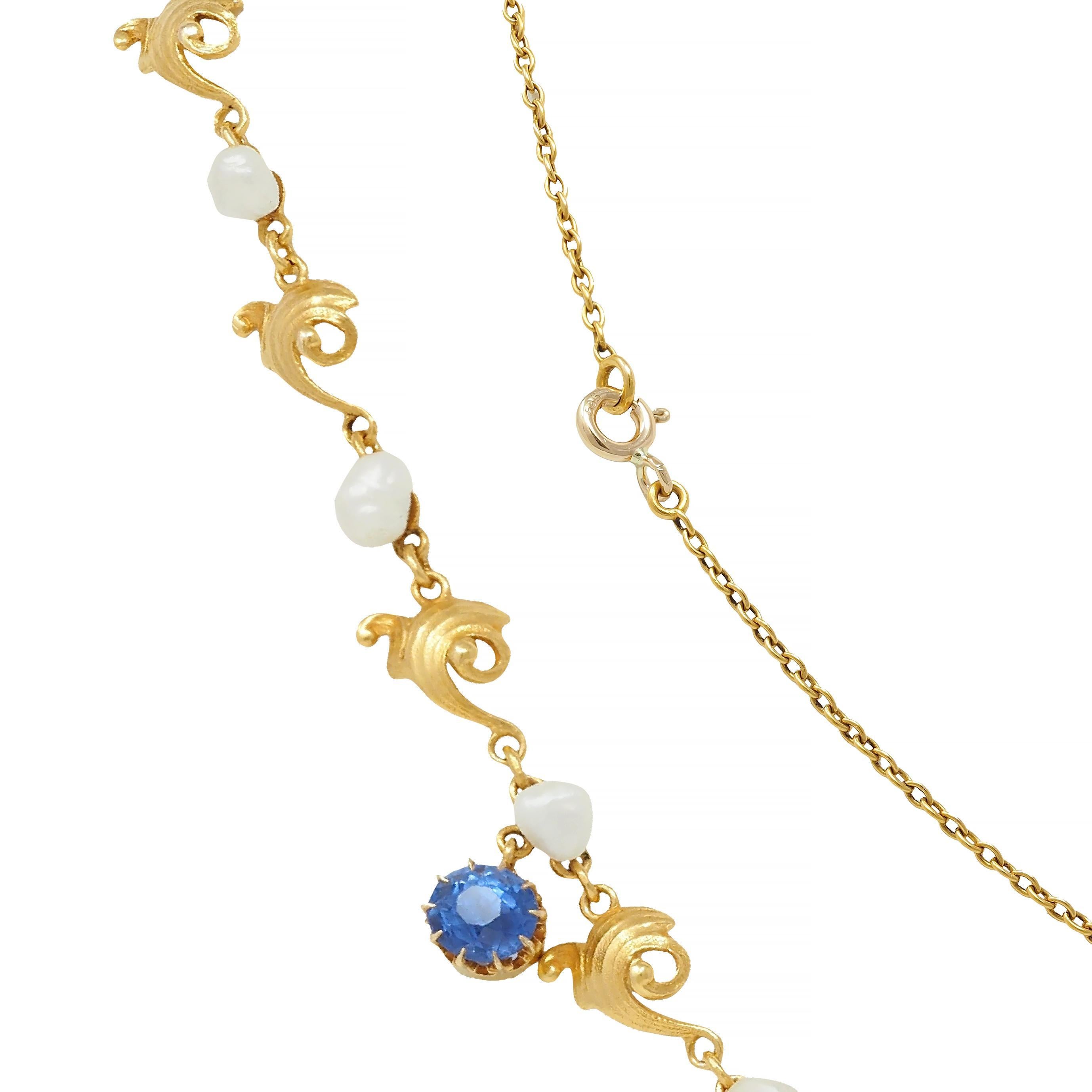 Art Nouveau No Heat Ceylon Sapphire Pearl 14 Karat Gold Antique Heart Necklace For Sale 3