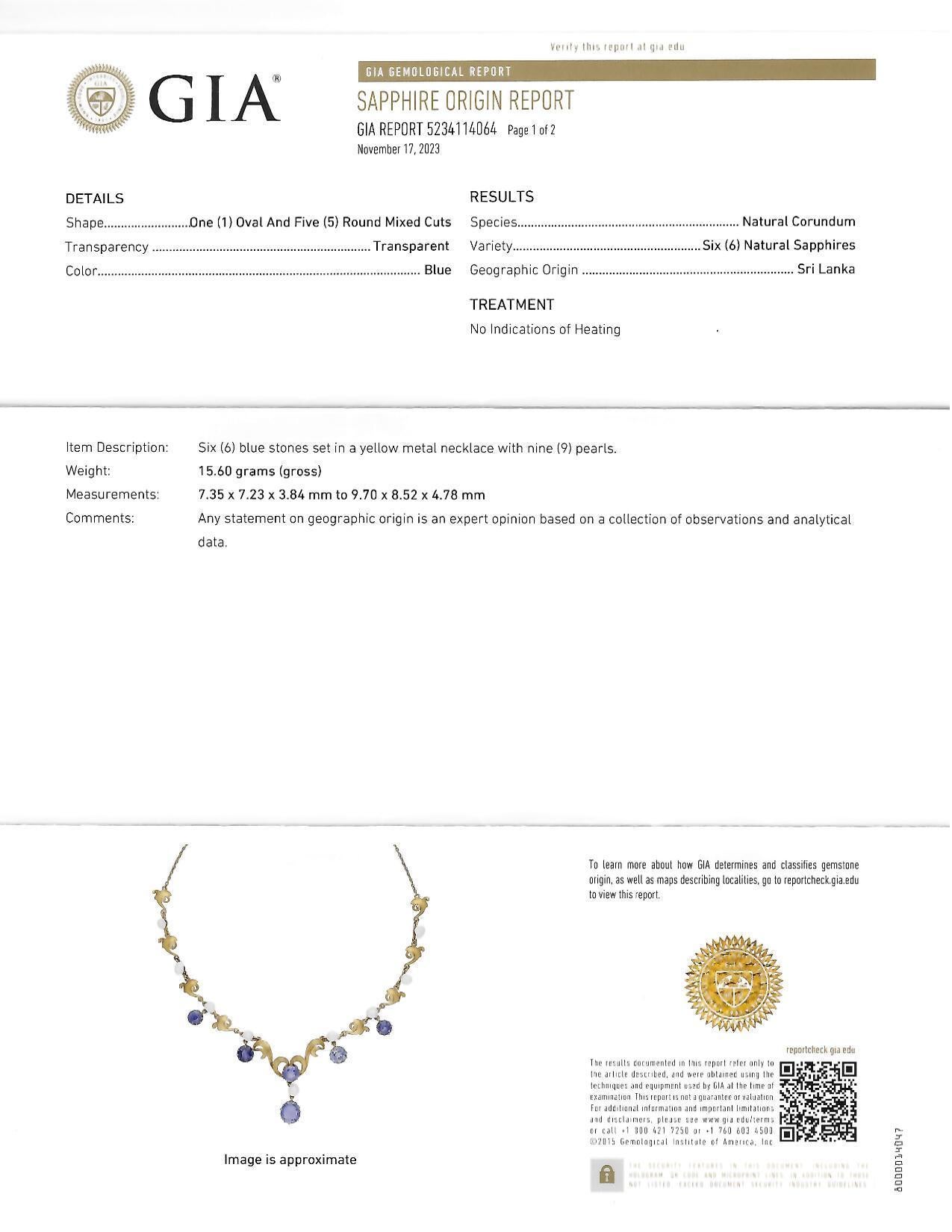 Antike Herz-Halskette aus 14 Karat Gold mit unbehandeltem Ceylon-Saphir und Perle im Jugendstil im Angebot 4