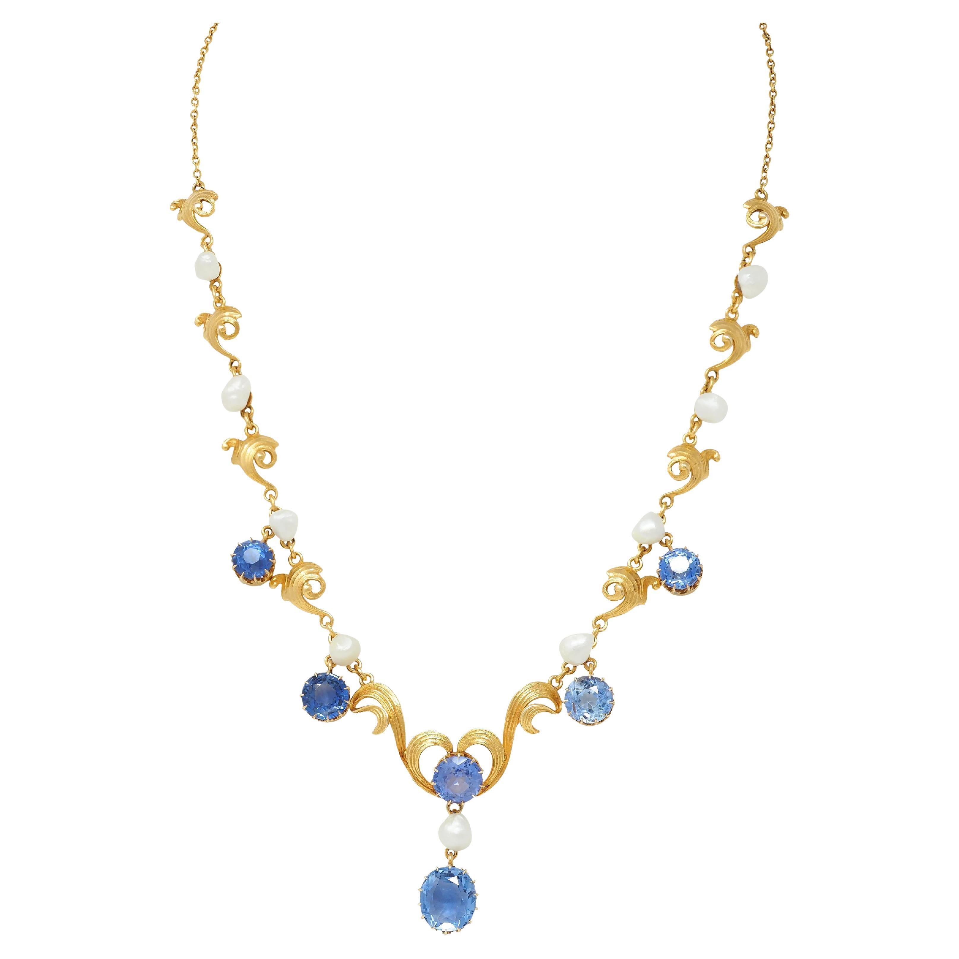Art Nouveau No Heat Ceylon Sapphire Pearl 14 Karat Gold Antique Heart Necklace For Sale