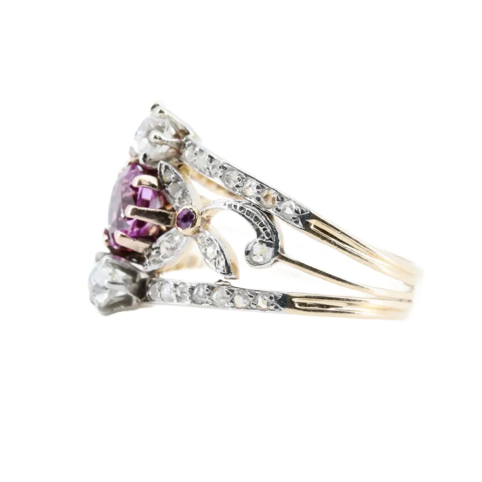 Round Cut Art Nouveau No Heat Pink Sapphire and Diamond Ring in 18K, Platinum For Sale