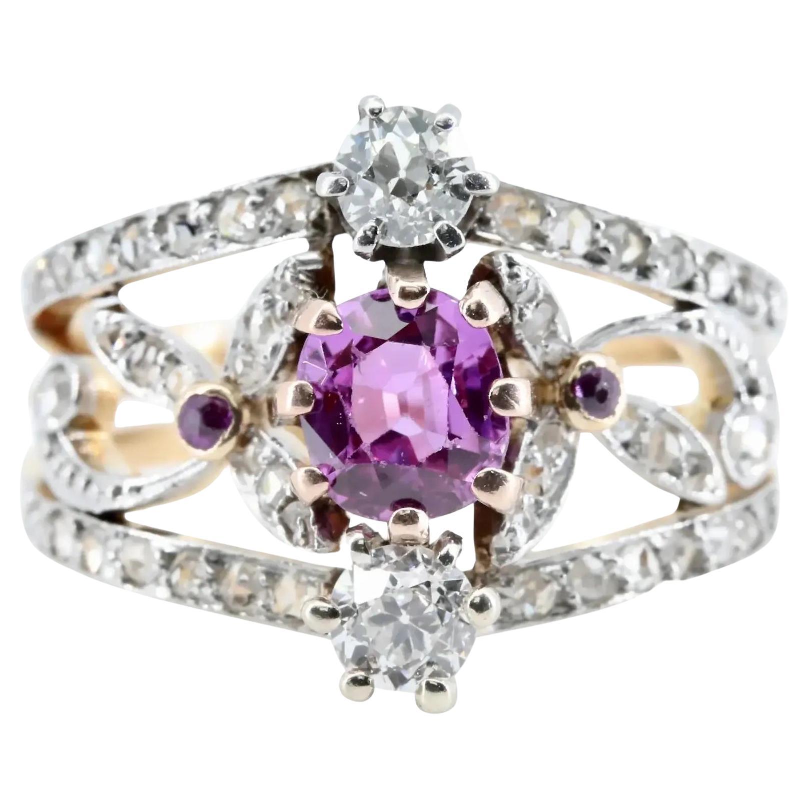 Art Nouveau No Heat Pink Sapphire and Diamond Ring in 18K, Platinum For Sale