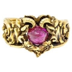 Jugendstil No-Heat Rubin 14 Karat Gelbgold Satyr Mythologischer Unisex-Ring