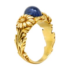 Art Nouveau No Heat Sapphire 18 Karat Gold Flower Ring AGL