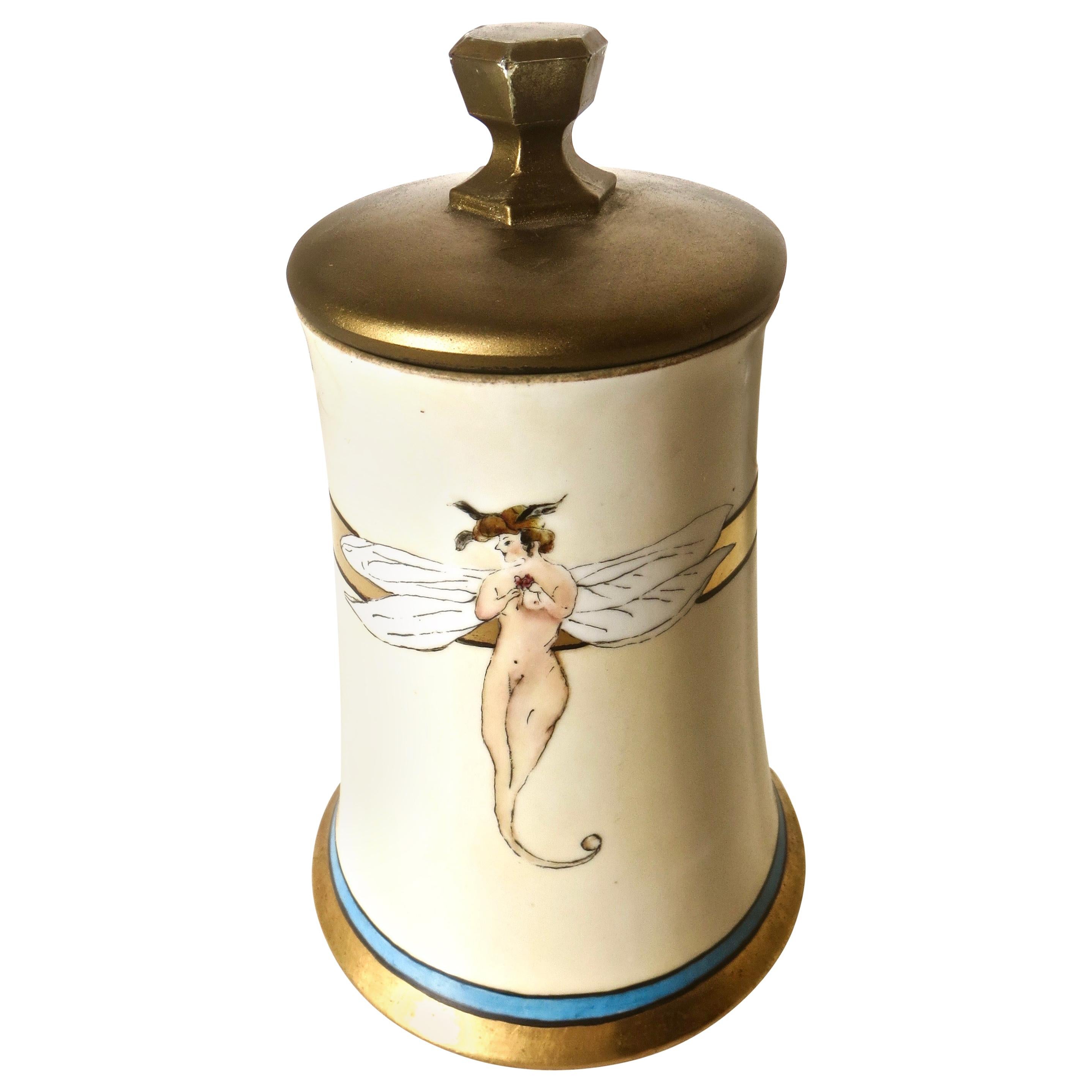 Art Nouveau Nude Decorated Lidded Porcelain Jar, Limoges, French, Circa 1905 For Sale