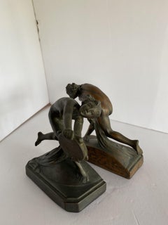 Art Nouveau Nude Female Nymph Cast Bronze Bookends, Pair