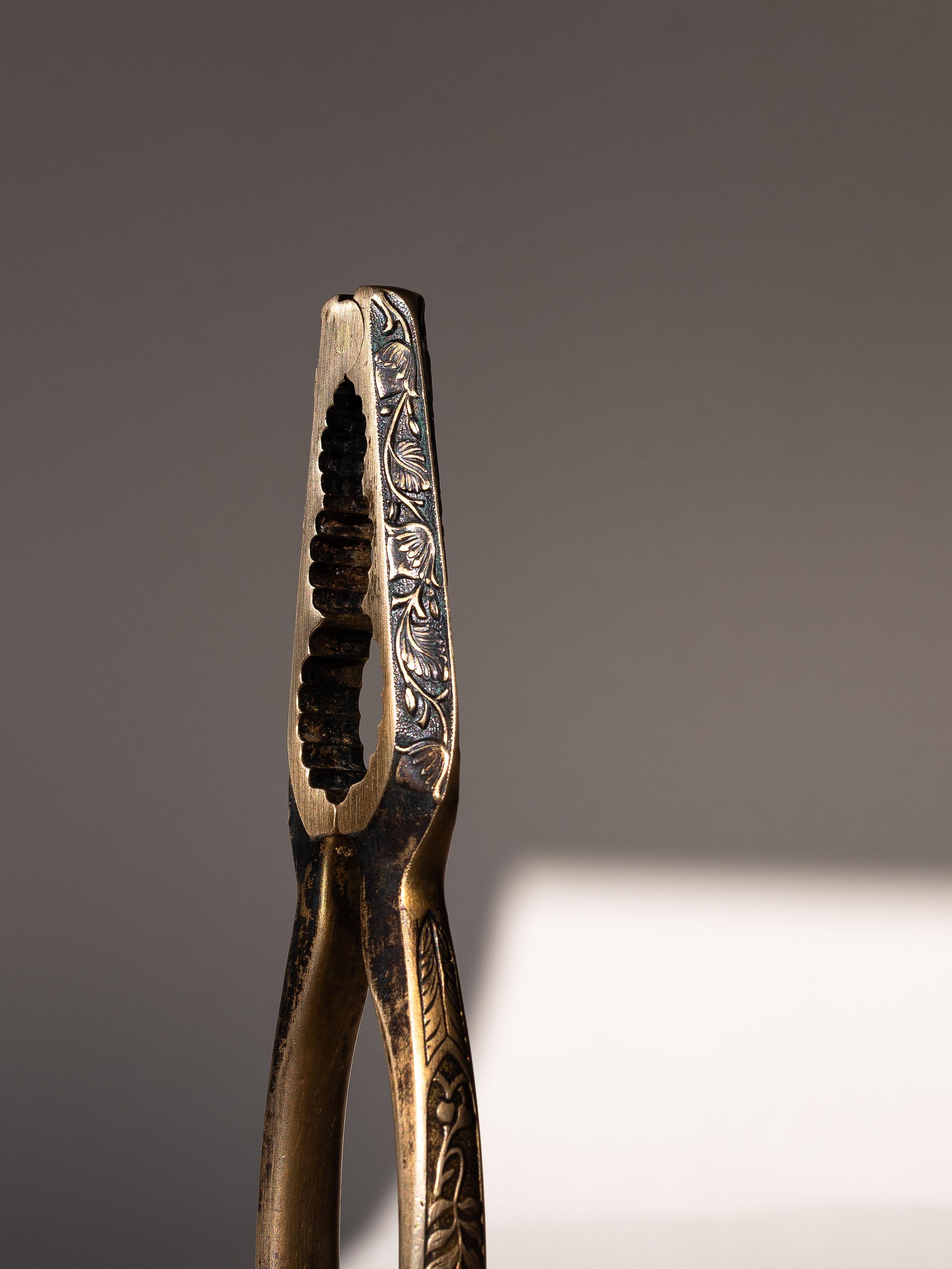 Carved Art Nouveau Nutcracker in Bronze and Brass, Floral Patterns, Late 19th Century For Sale