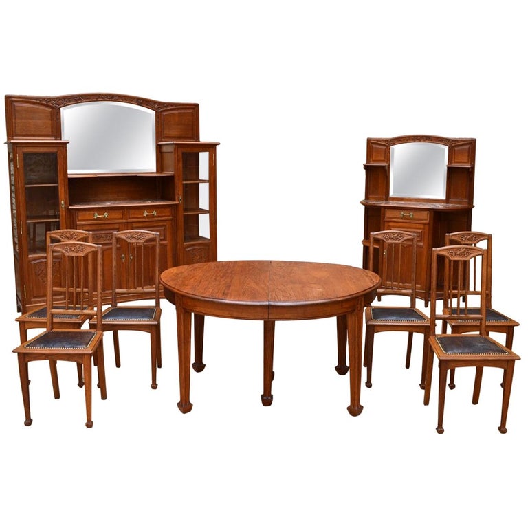 Art Nouveau Oak Carved Dining Room Set on the Theme of Vine, circa 1910