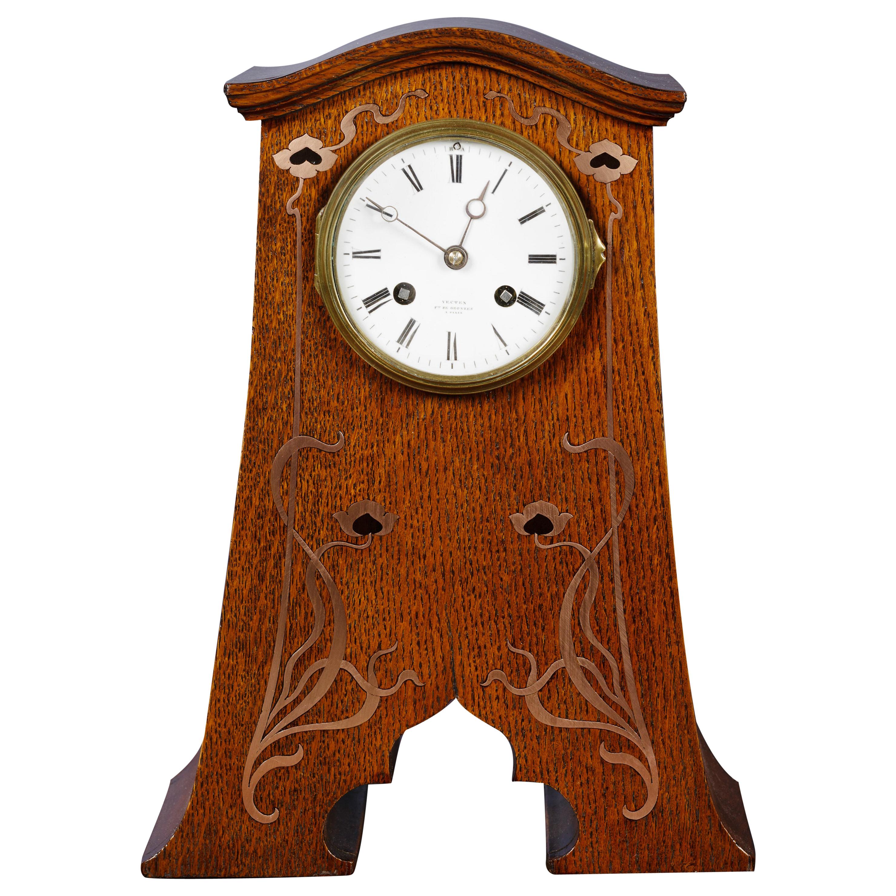 Art Nouveau Oak Cased Mantel Clock with Copper Inlay by Vecten, Paris