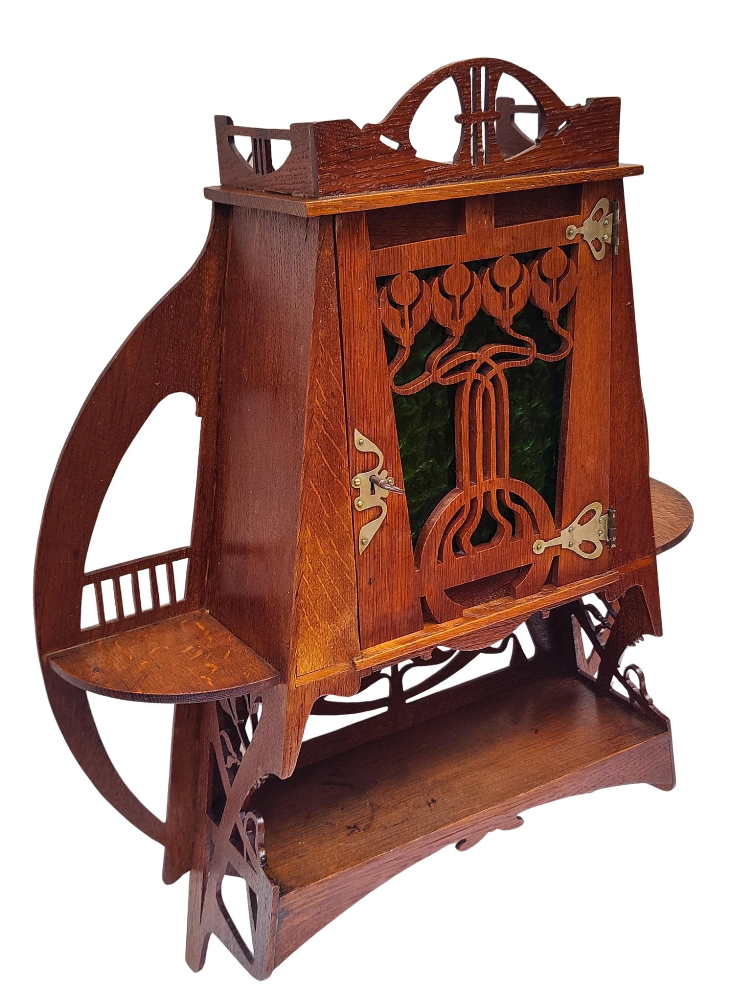 Polished Art Nouveau Oak Hanging Wall Cabinet For Sale