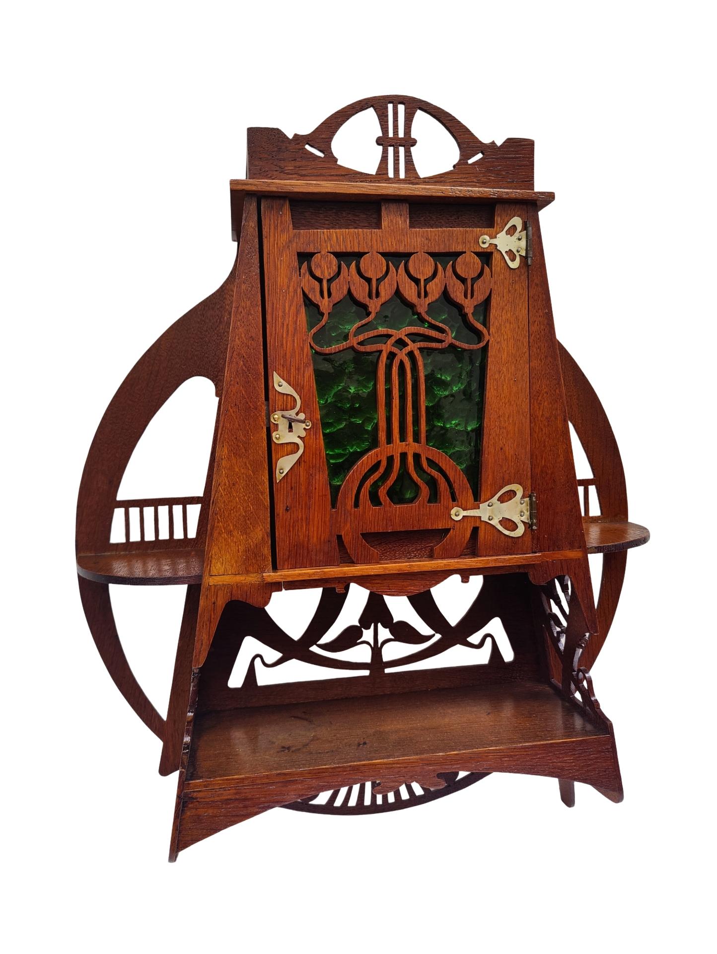 Glass Art Nouveau Oak Hanging Wall Cabinet For Sale