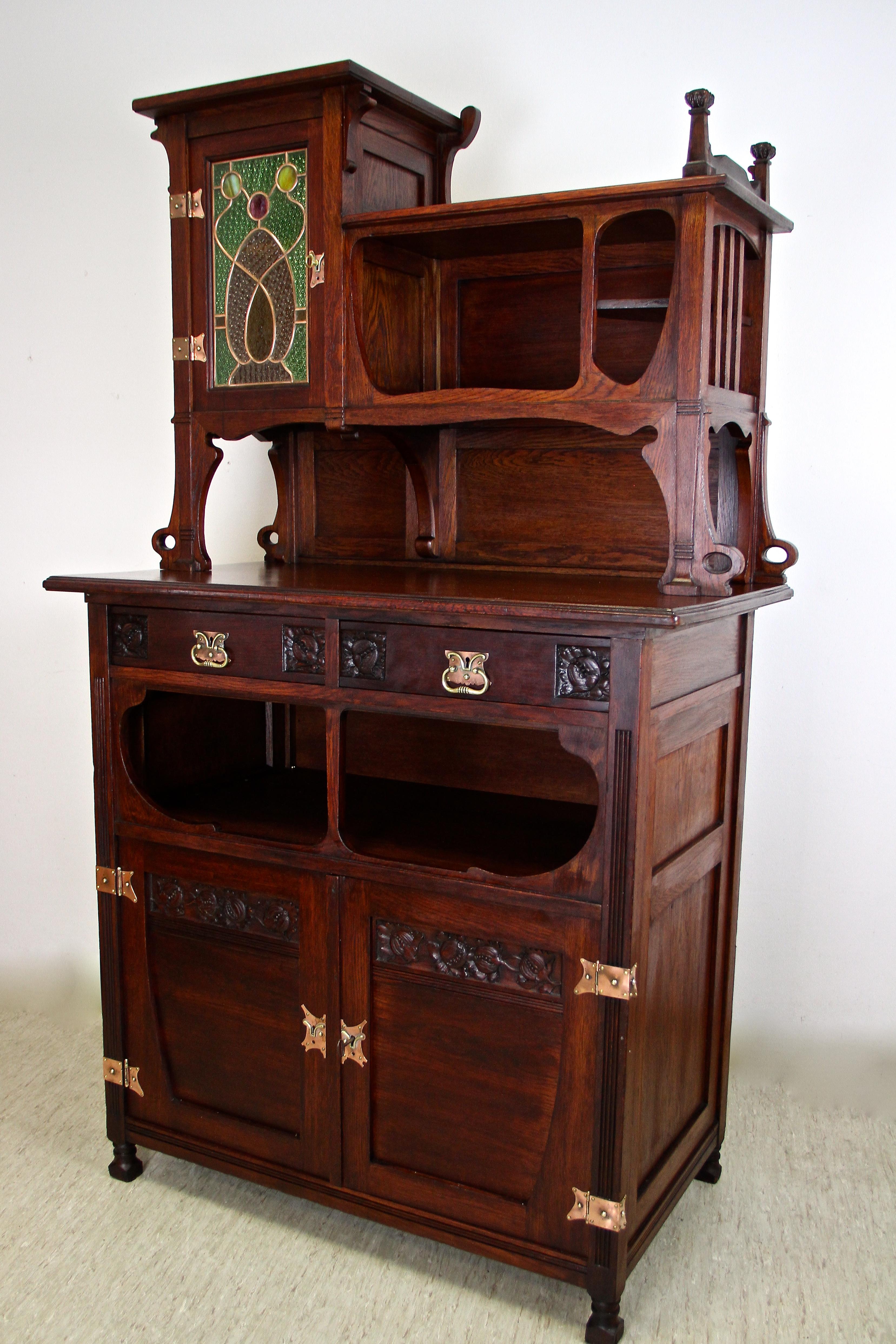 Art Nouveau Oakwood Cabinet/ Buffet with Colored Lead Glass, Austria, circa 1900 8