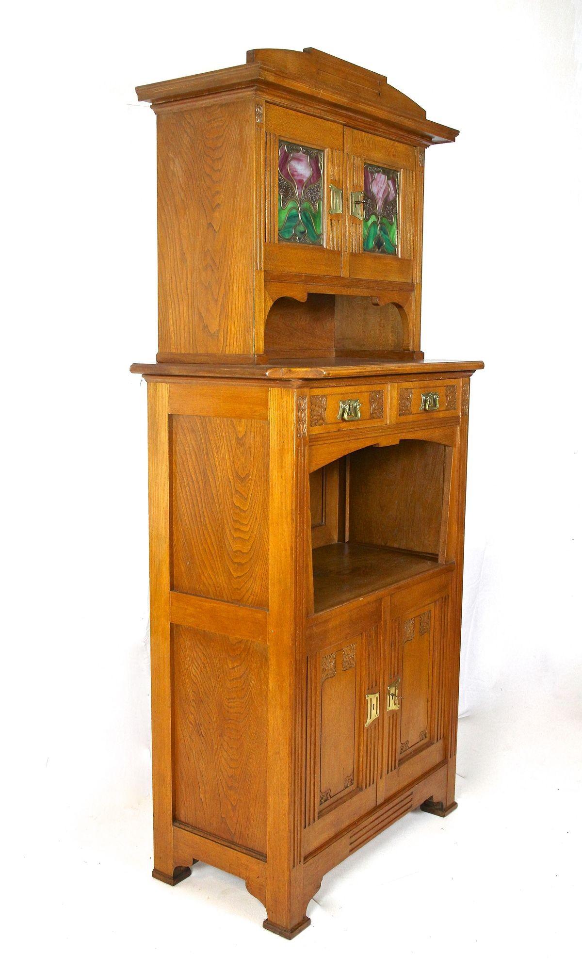 Art Nouveau Oakwood Cabinet/ Buffet With Tiffany Style Glass Inlays, AT ca 1910 For Sale 5