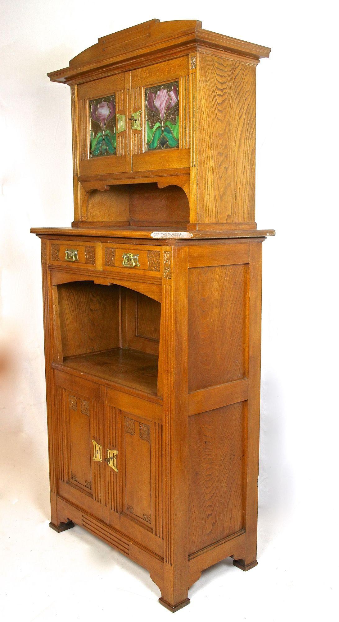 Art Nouveau Oakwood Cabinet/ Buffet With Tiffany Style Glass Inlays, AT ca 1910 For Sale 6