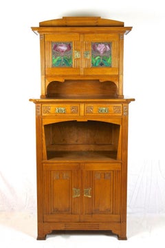 Art Nouveau Oakwood Cabinet/ Buffet With Tiffany Style Glass Inlays, AT ca 1910