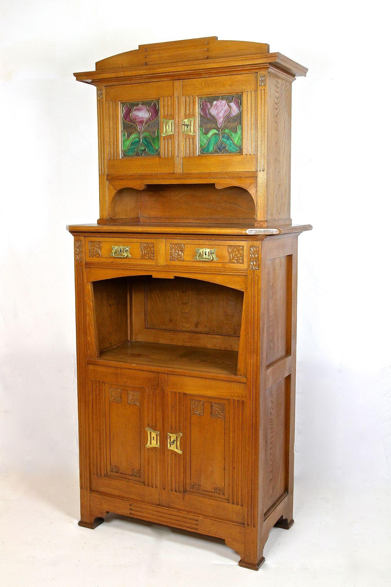 Brass Art Nouveau Oakwood Cabinet/ Buffet With Tiffany Style Glass Inlays, AT ca 1910 For Sale