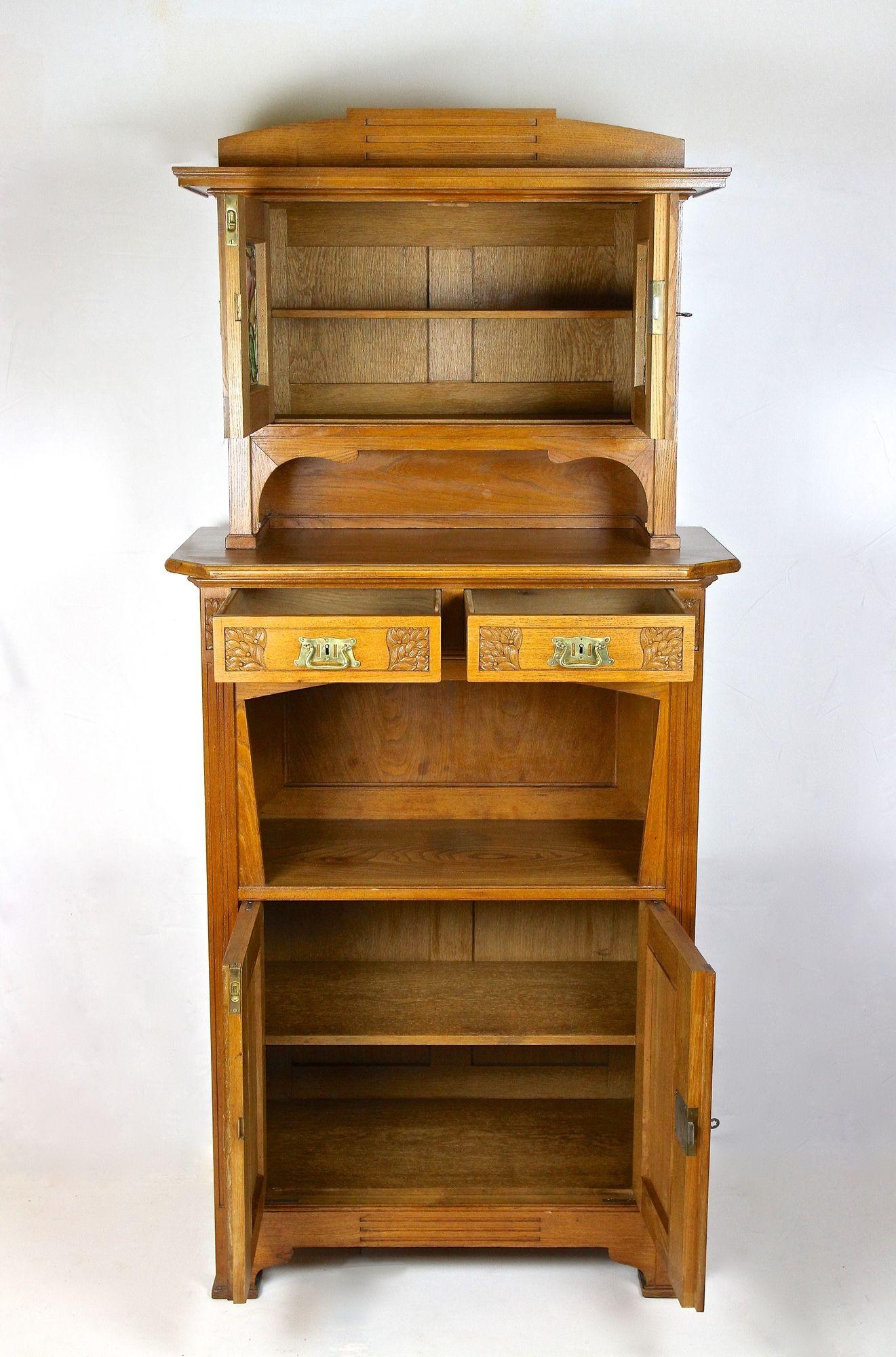 Art Nouveau Oakwood Cabinet/ Buffet With Tiffany Style Glass Inlays, AT ca 1910 For Sale 1