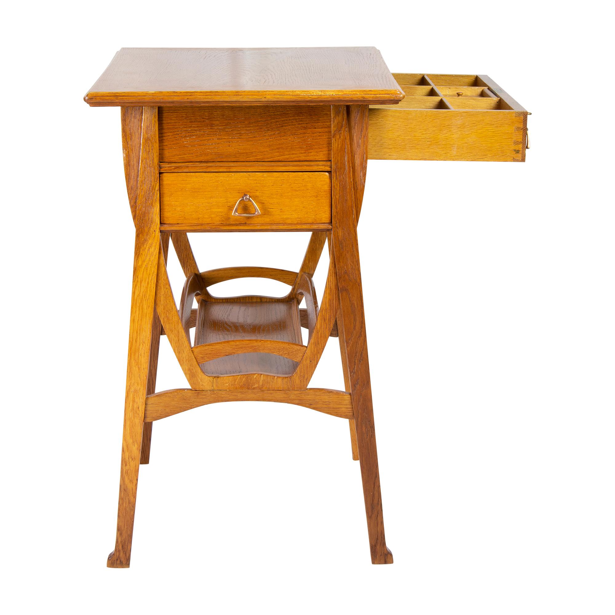 Polished Art Nouveau Oakwood Sewing / Side Table For Sale