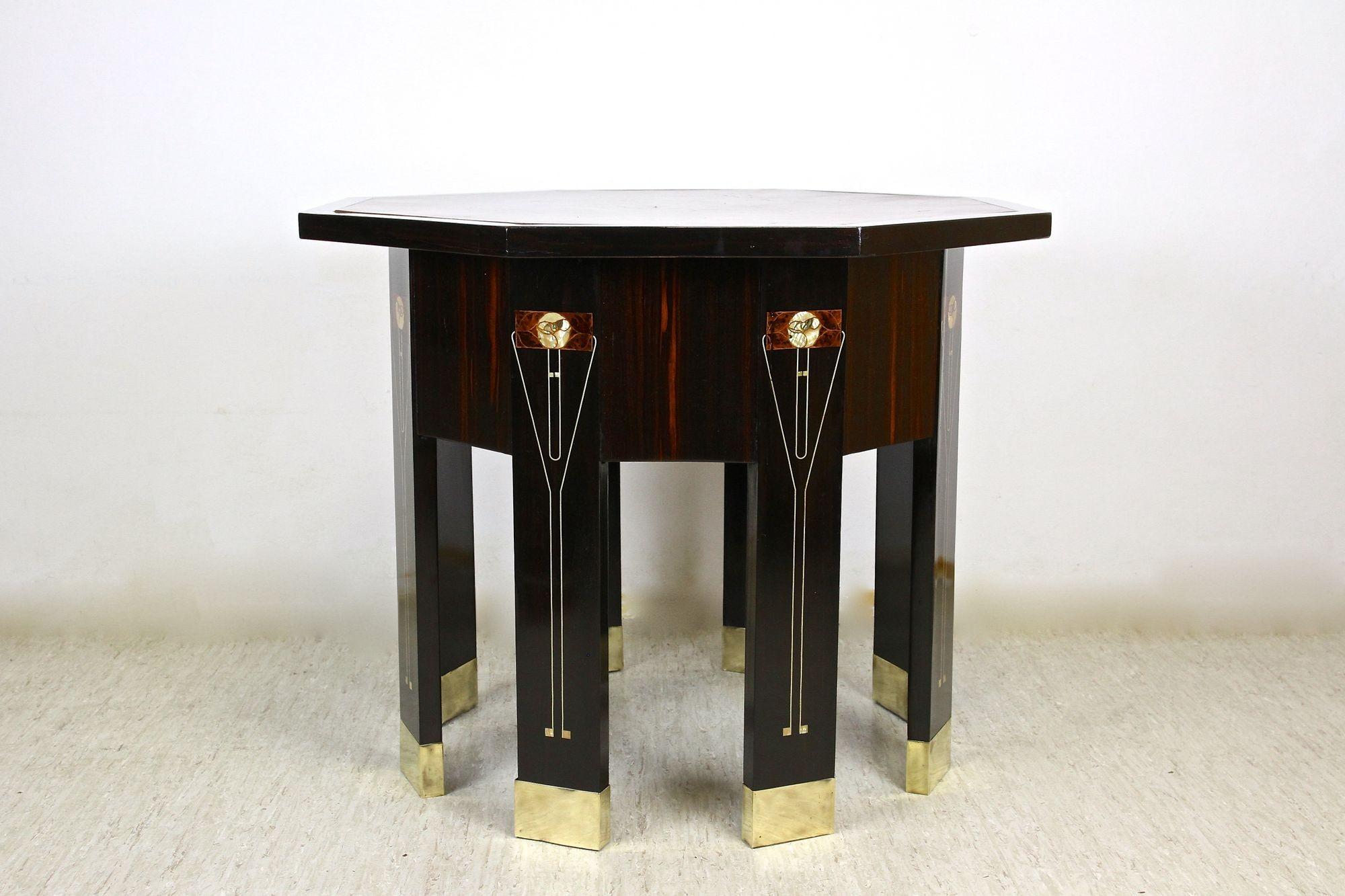 Polished Art Nouveau Octagonal Palisander Table with Mother of Pearl Inlays, AT ca. 1905 For Sale