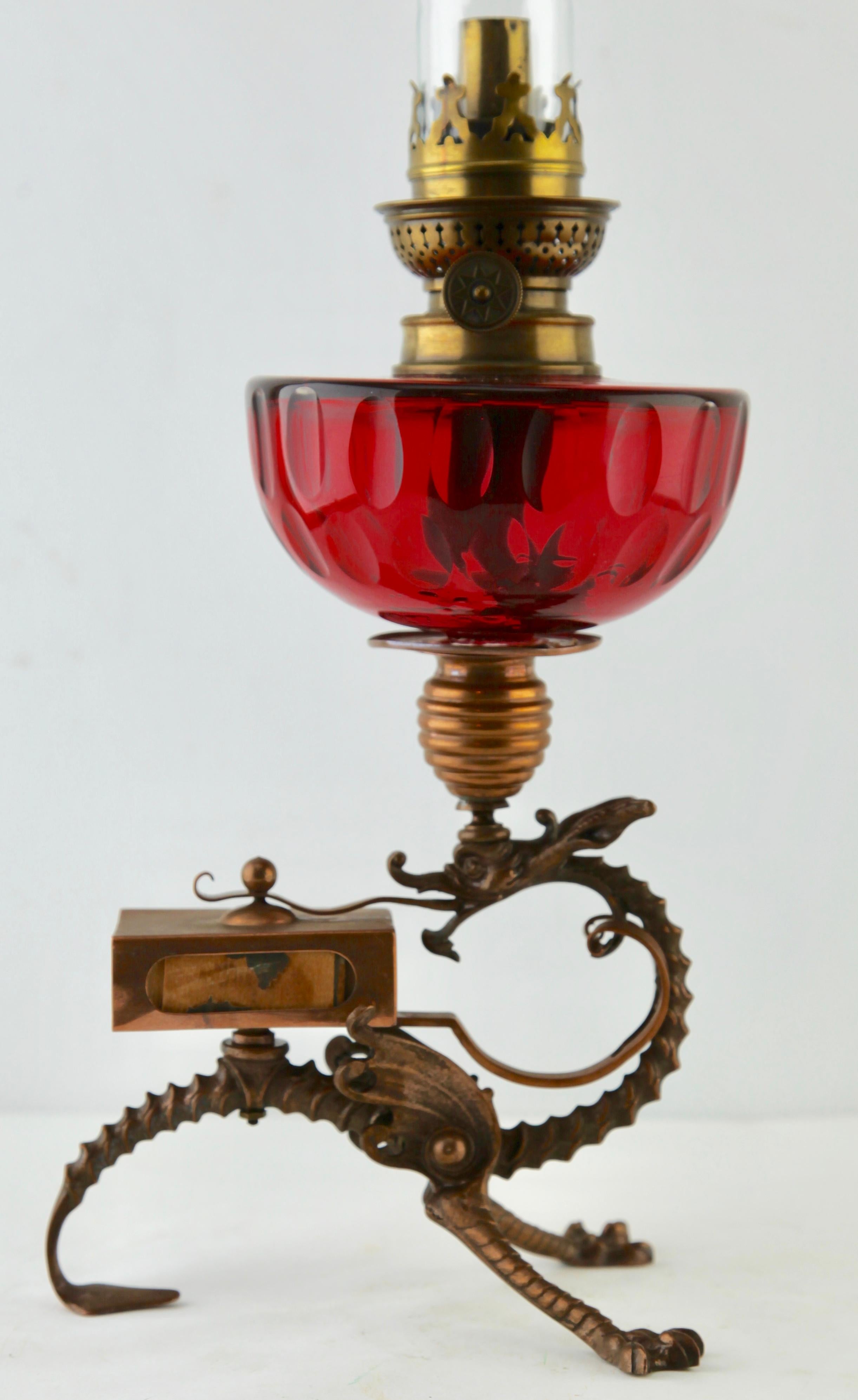 Art Nouveau Oil Lamp Bronze and Brass Depiction a Dragon with Match Holder 1890s 1