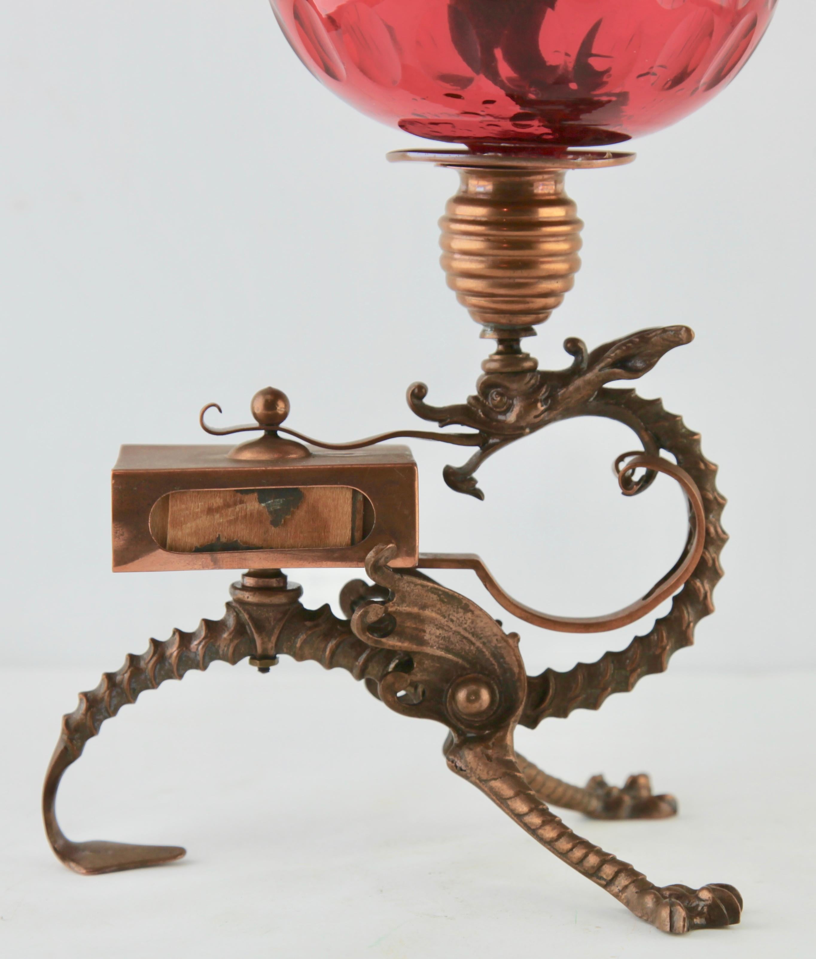 Blown Glass Art Nouveau Oil Lamp Bronze and Brass Depiction a Dragon with Match Holder 1890s