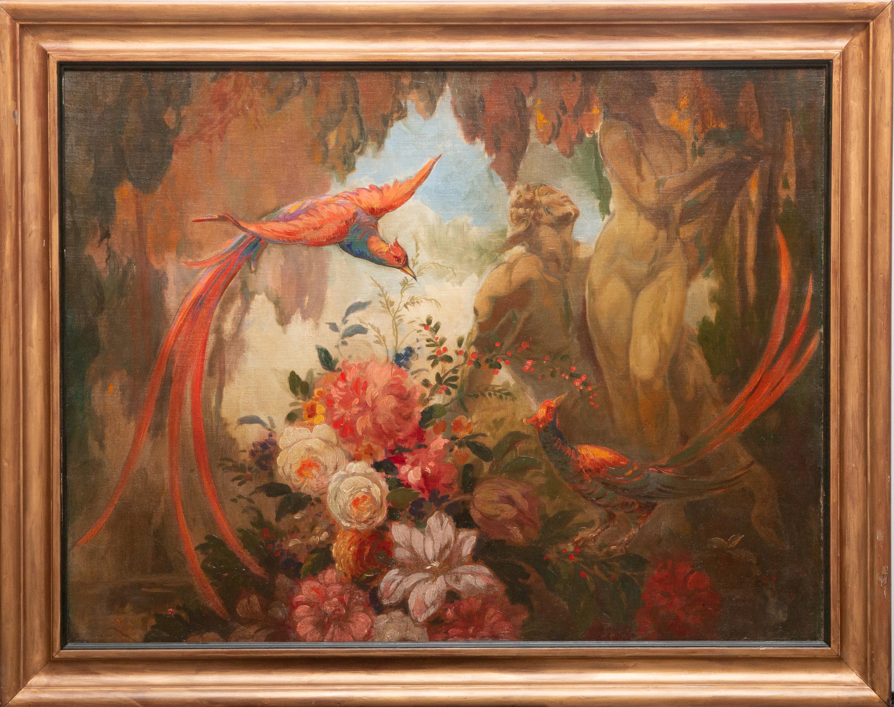 Art Deco Art Nouveau Oil on canvas laid onto masonite depicting Birds, Male and Female Figures in tropical foliate surrounded paradise . From a Long Island, NY collection. Dimensions: 32