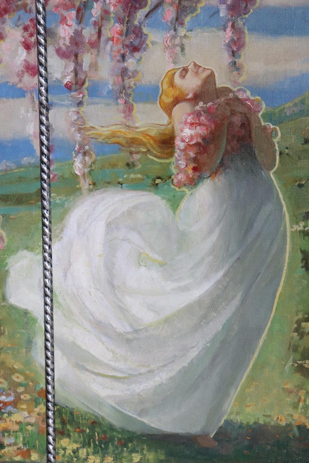 Beautiful oil painting on canvas dated 1927s. A girl in a white dress with flowers, the image is art nouveau inspired with a high quality impressionist style painting technique. Sold with wooden frame. The painting is signed but the artist is not
