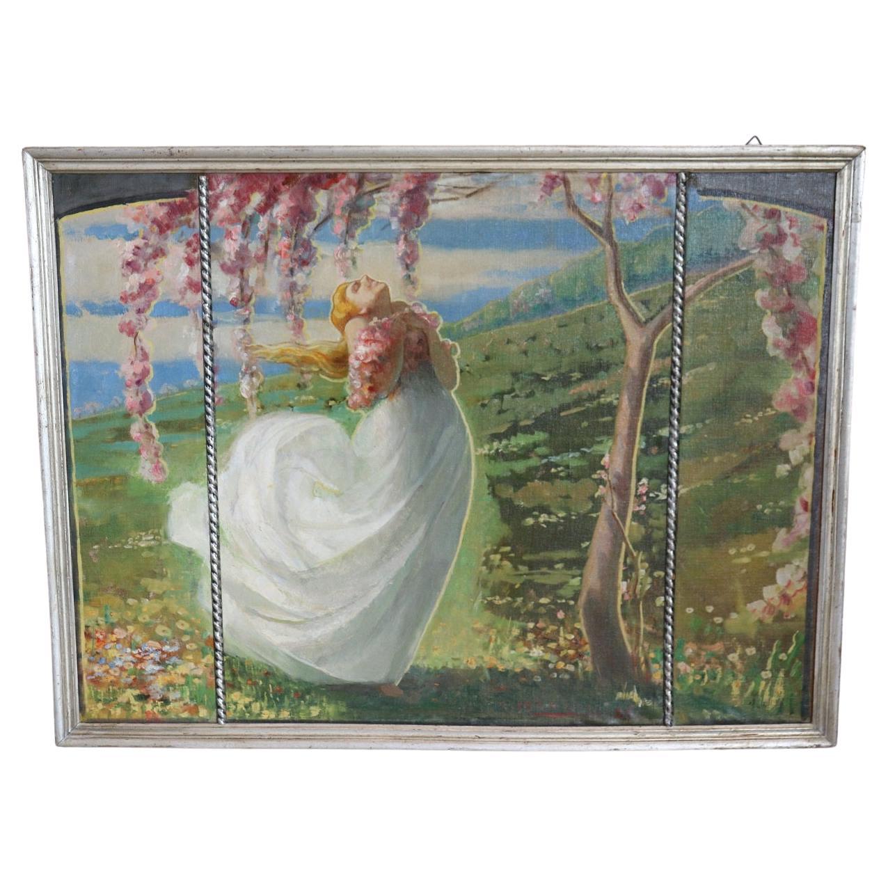 Art Nouveau Oil Painting on Canvas, signed and dated 1927s