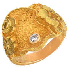 Art Nouveau old cut diamond 14k yellow gold floral ring