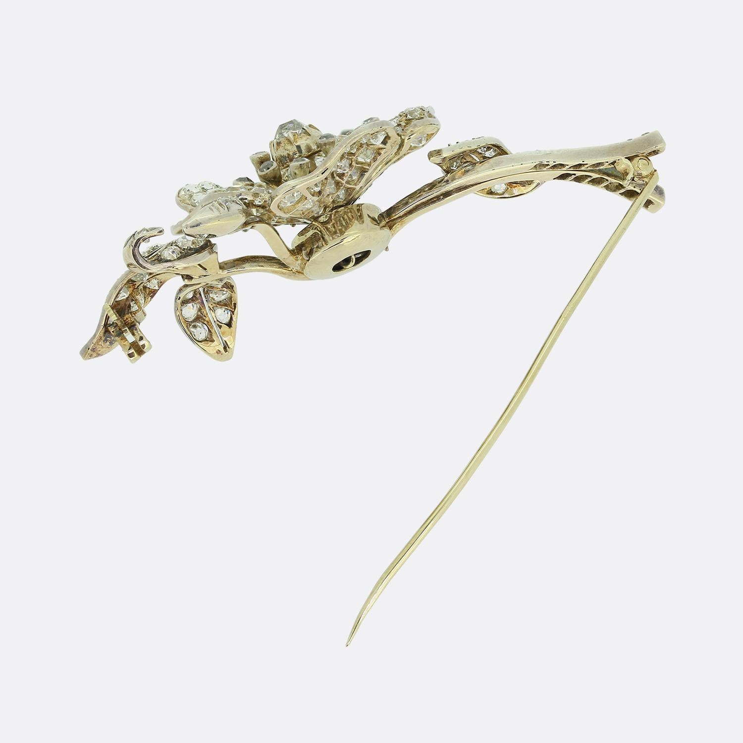 Old Mine Cut Art Nouveau Old Cut Diamond Floral Tremblant Brooch For Sale