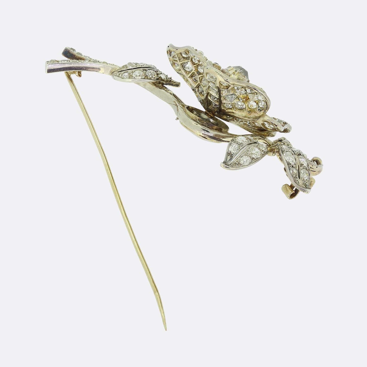 Art Nouveau Old Cut Diamond Floral Tremblant Brooch In Good Condition For Sale In London, GB