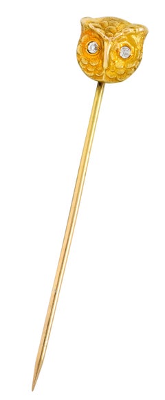 Art Nouveau Old European Diamond 14 Karat Gold Owl Stickpin