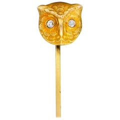 Art Nouveau Old European Diamond 14 Karat Gold Owl Stickpin