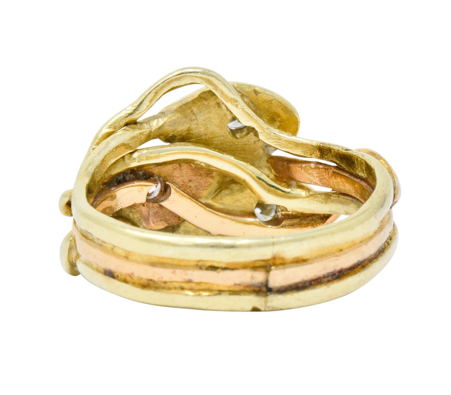 Art Nouveau Old European Diamond 14 Karat Two-Tone Gold Triple Snake Band Ring In Excellent Condition In Philadelphia, PA