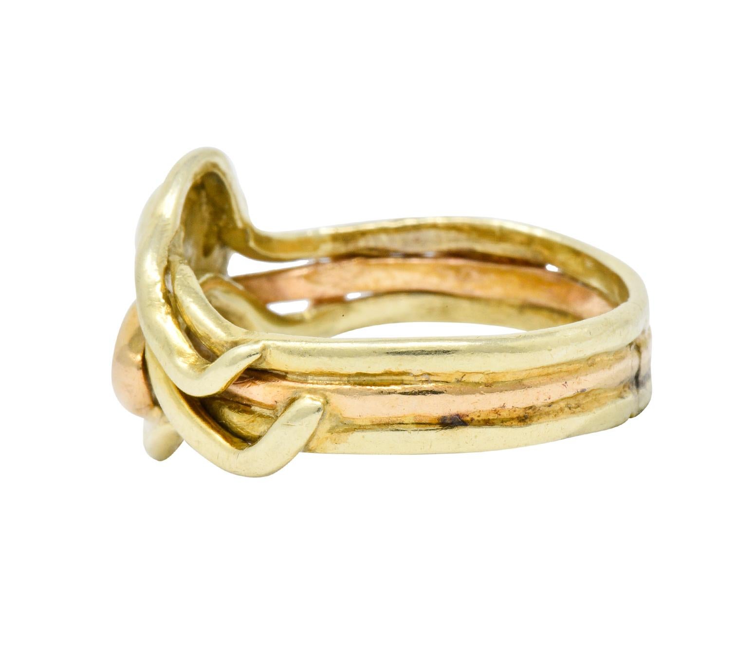 Women's or Men's Art Nouveau Old European Diamond 14 Karat Two-Tone Gold Triple Snake Band Ring