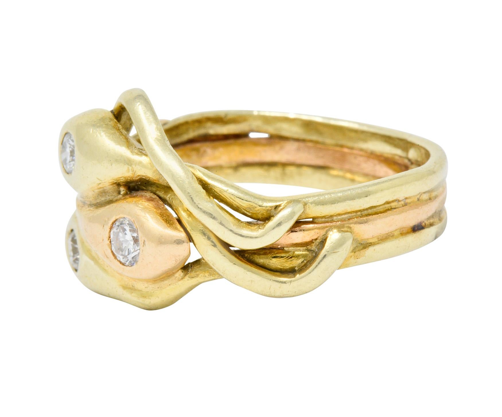 Art Nouveau Old European Diamond 14 Karat Two-Tone Gold Triple Snake Band Ring 1