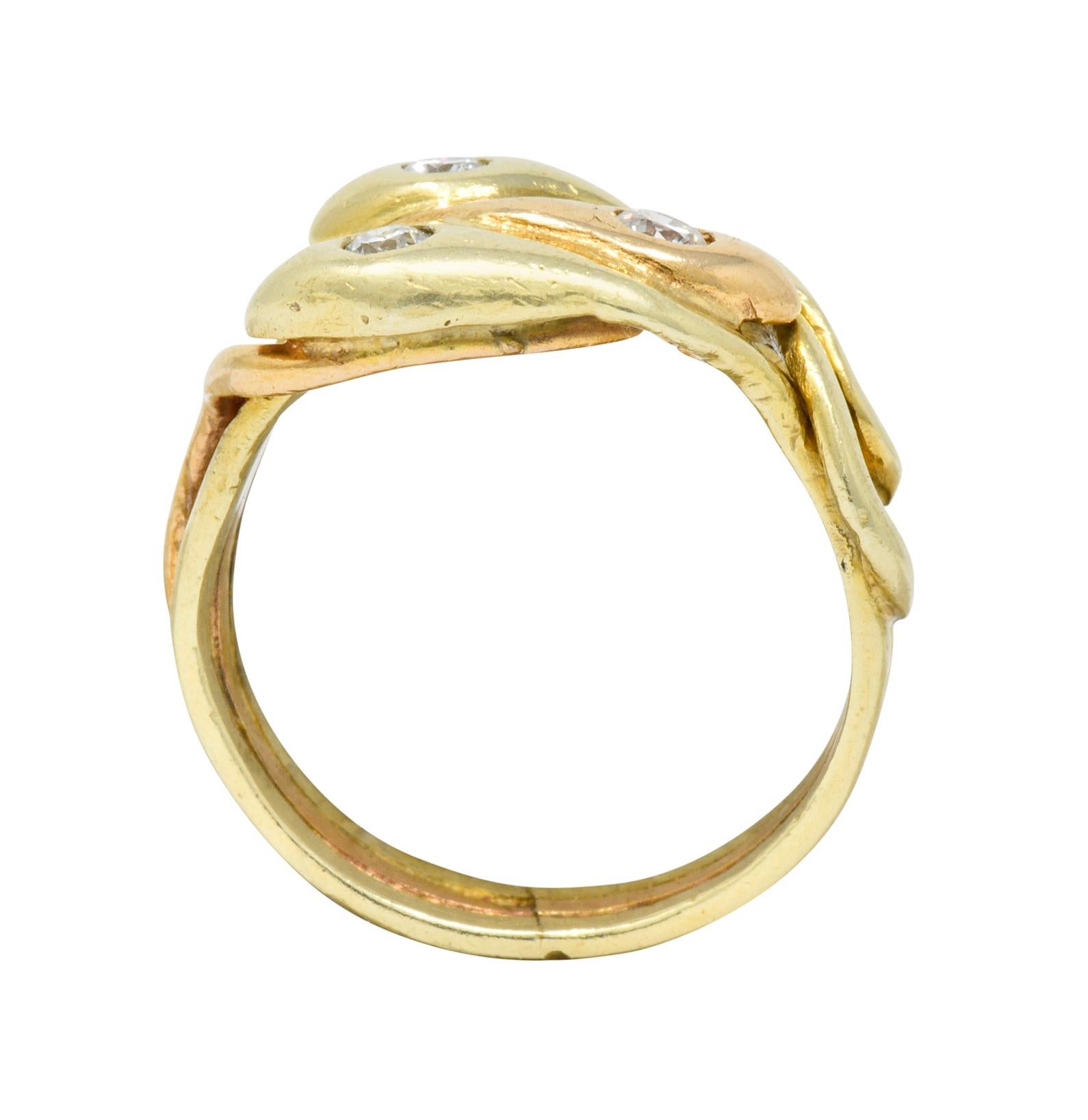 Art Nouveau Old European Diamond 14 Karat Two-Tone Gold Triple Snake Band Ring 2