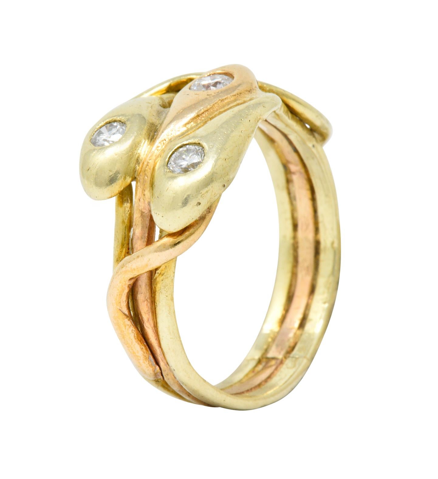 Art Nouveau Old European Diamond 14 Karat Two-Tone Gold Triple Snake Band Ring 4