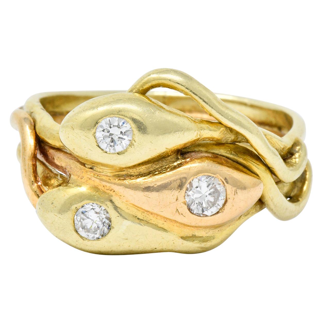 Art Nouveau Old European Diamond 14 Karat Two-Tone Gold Triple Snake Band Ring