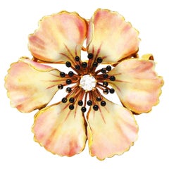 Antike Jugendstil-Anstecknadel aus 14 Karat Gelbgold mit Diamant-Emaille und Mohnblumen, alteuropisch