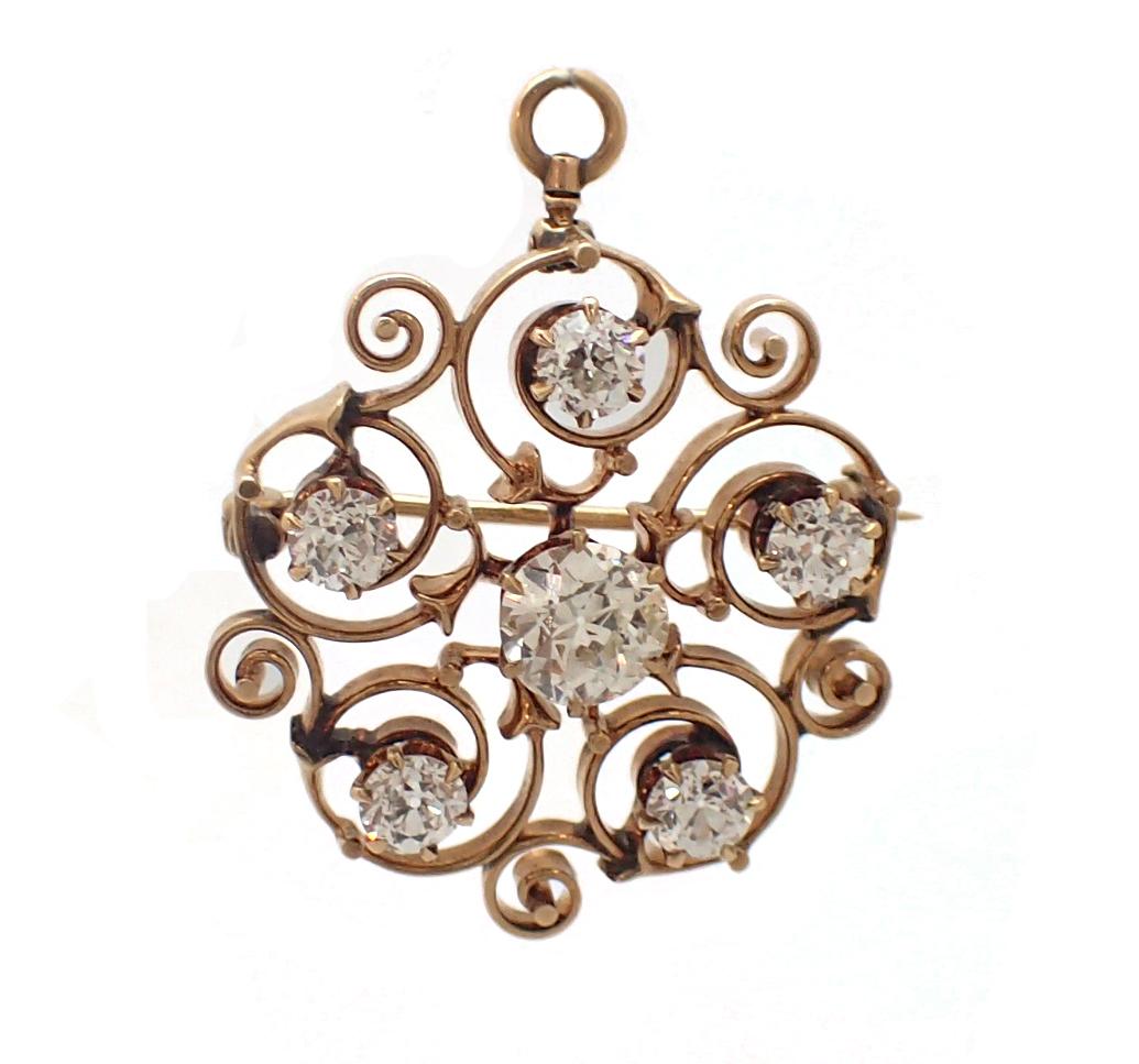 Women's or Men's Art Nouveau Old Mine Cut Diamond Pin For Sale