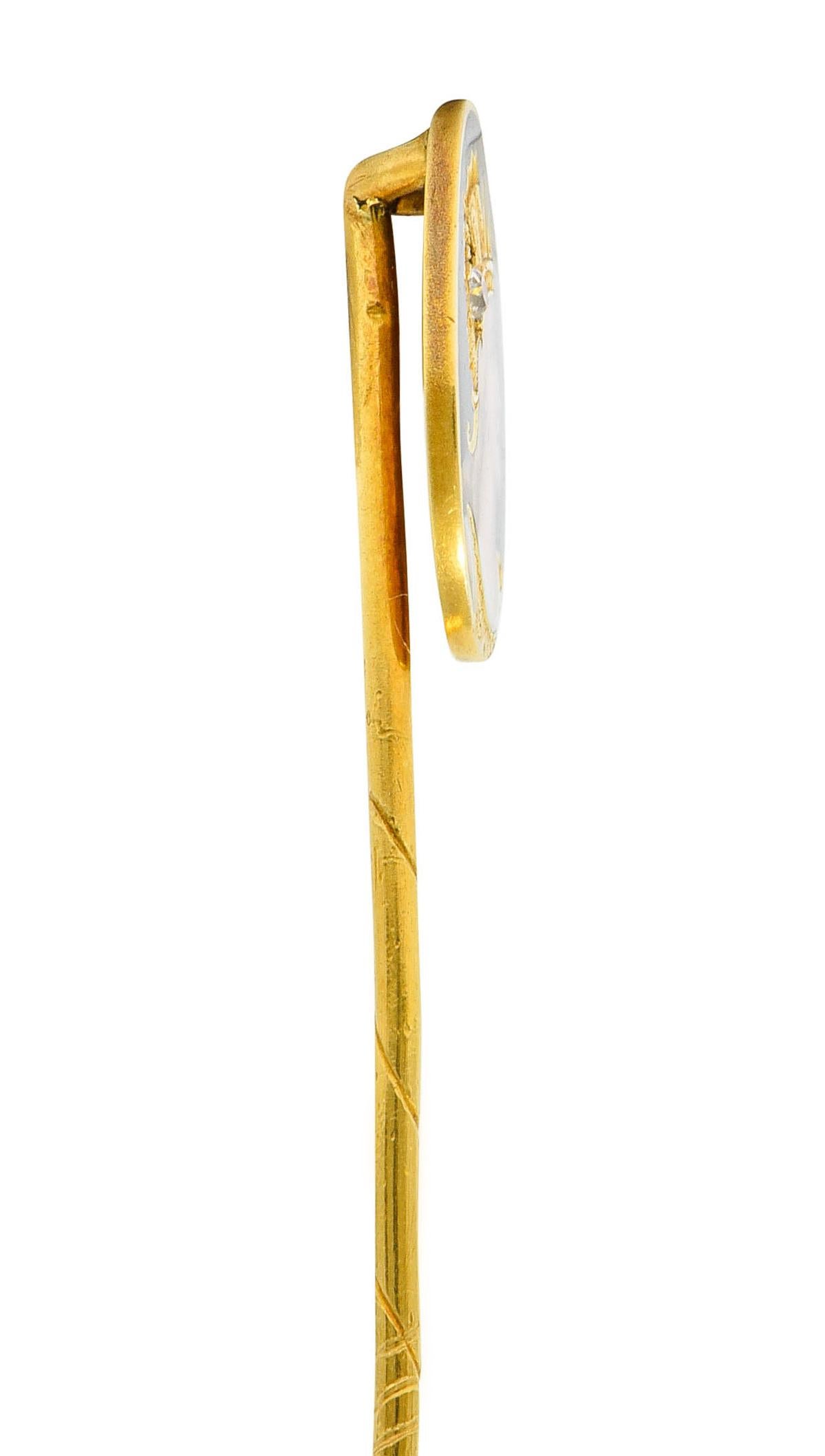 Art nouveau Épingle à cravate Art Nouveau en or 18 carats, émaillée de diamants et d'une vieille mine de type « Brunhilde Norse » en vente