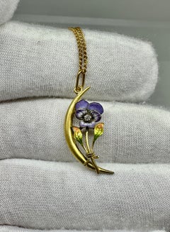Art Nouveau Old Mine Diamond Pansy Flower Moon Enamel Pendant 14K Gold Necklace