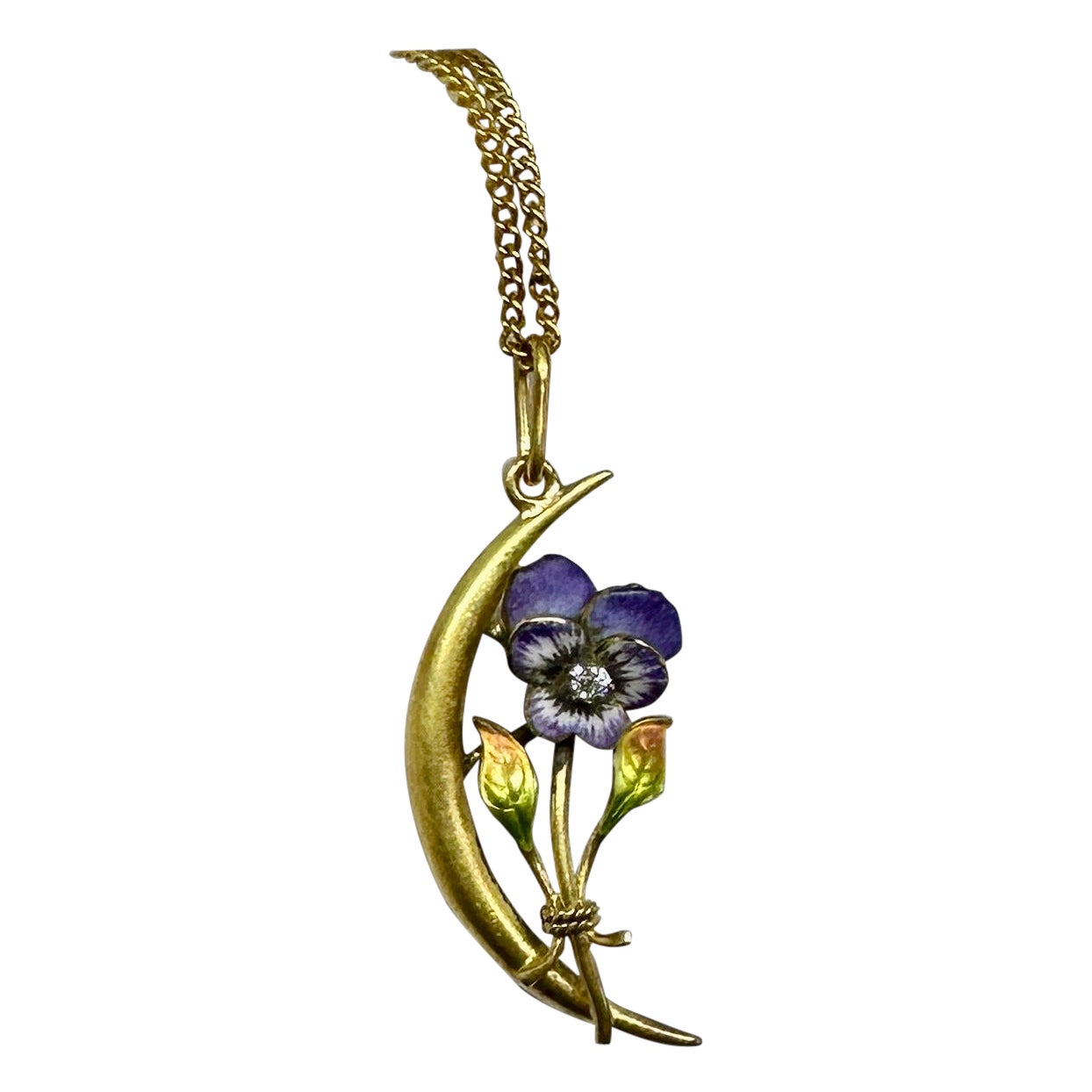 Art Nouveau Old Mine Diamond Pansy Flower Moon Enamel Pendant 14K Gold Necklace