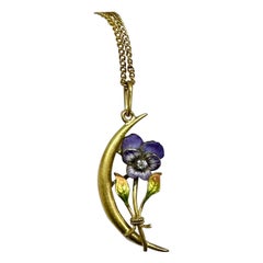 Art Nouveau Old Mine Diamond Pansy Flower Moon Enamel Pendant 14K Gold Necklace