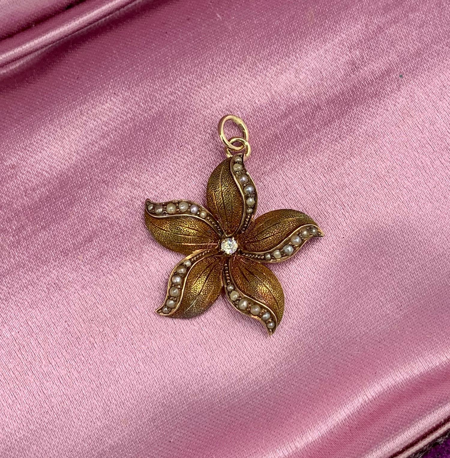Old Mine Cut Art Nouveau Old Mine Diamond Pearl Flower Pendant Necklace Charm Gold