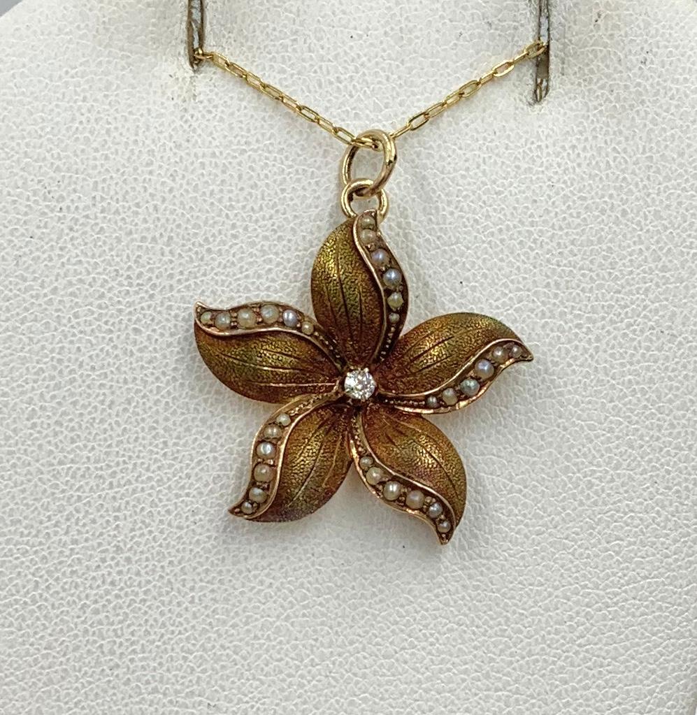 Women's Art Nouveau Old Mine Diamond Pearl Flower Pendant Necklace Charm Gold