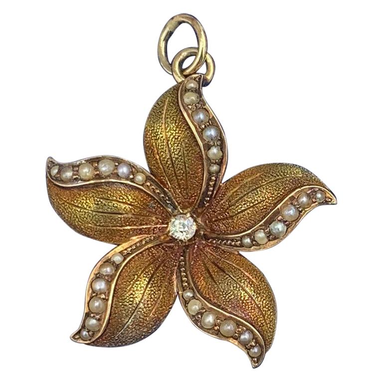 Art Nouveau Old Mine Diamond Pearl Flower Pendant Necklace Charm Gold