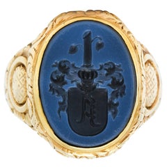 Antique Art Nouveau Onyx Agate 14 Karat Gold Heraldry Signet Ring