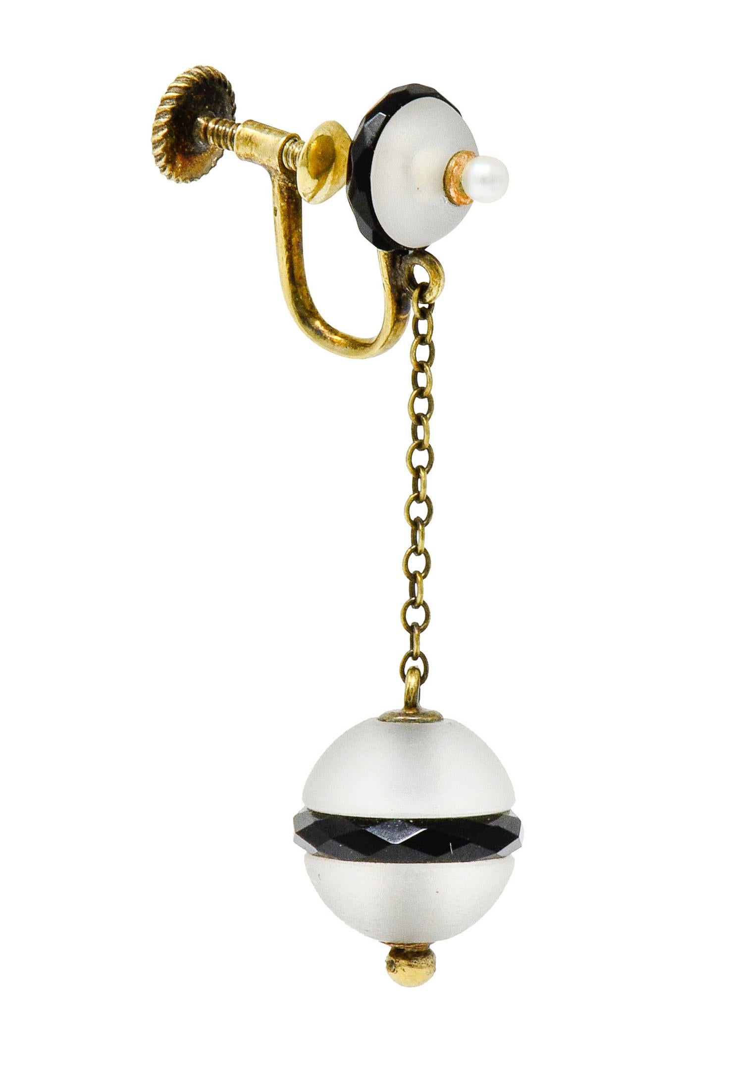 Art Nouveau Onyx Rock Crystal Pearl 14 Karat Gold Drop Earrings In Excellent Condition In Philadelphia, PA